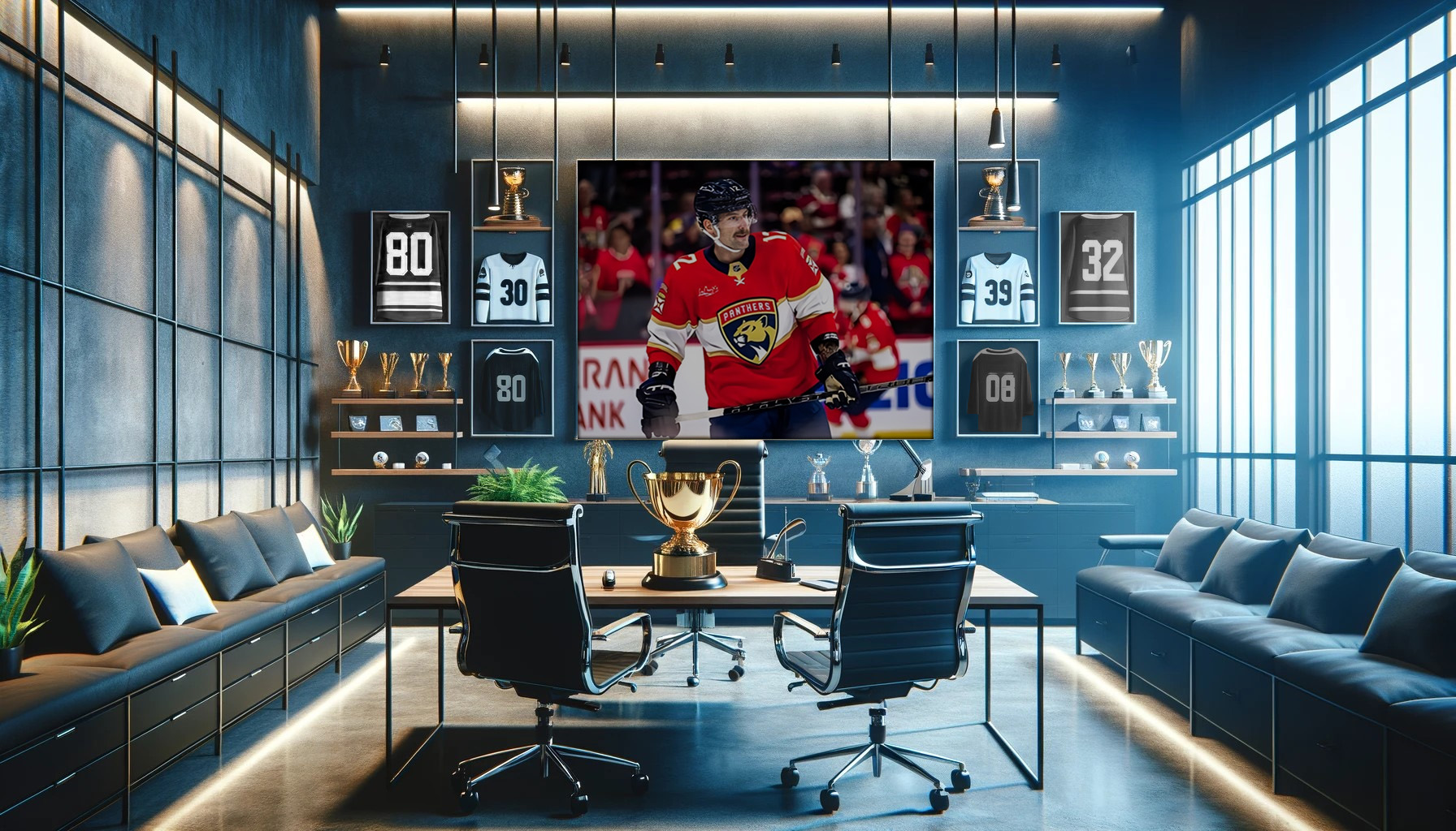 The Driven Sports Group office, lined with framed jerseys and trophies