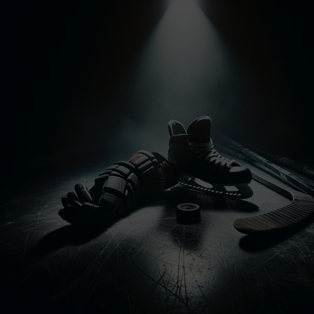 Hockey gloves, skates and a puck lit in a dark room